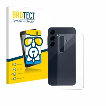 Parte frontal de un envase de producto con el logotipo de la marca BROTECT. Al lado se muestra el dispositivo Samsung Galaxy A