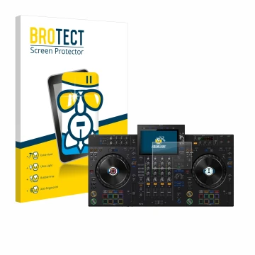 Parte frontal de un envase de producto con el logotipo de la marca BROTECT. Al lado se muestra el dispositivo Pioneer XDJ-AZ c