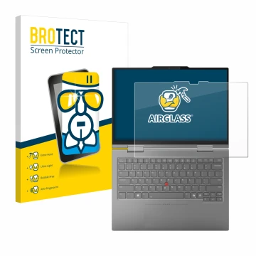 Parte frontal de un envase de producto con el logotipo de la marca BROTECT. Al lado se muestra el dispositivo Lenovo ThinkPad 