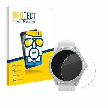 Parte frontal de un envase de producto con el logotipo de la marca BROTECT. Al lado se muestra el dispositivo Hama Smartwatch 