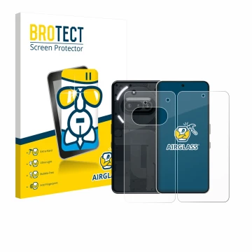 Parte frontal de un envase de producto con el logotipo de la marca BROTECT. Al lado se muestra el dispositivo Nothing Phone (3