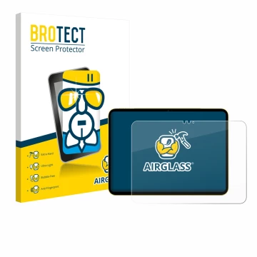 Parte frontal de un envase de producto con el logotipo de la marca BROTECT. Al lado se muestra el dispositivo Apple iPad Air 1