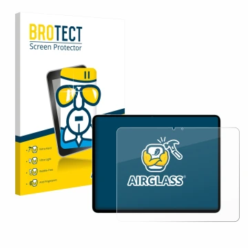 Parte frontal de un envase de producto con el logotipo de la marca BROTECT. Al lado se muestra el dispositivo Apple iPad Air 1