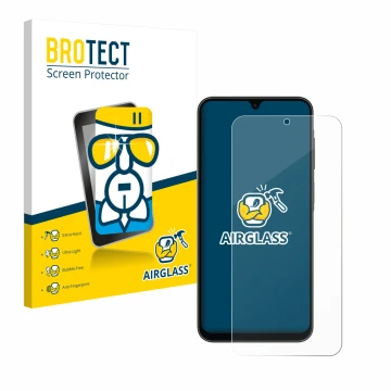 Parte frontal de un envase de producto con el logotipo de la marca BROTECT. Al lado se muestra el dispositivo Samsung Galaxy A