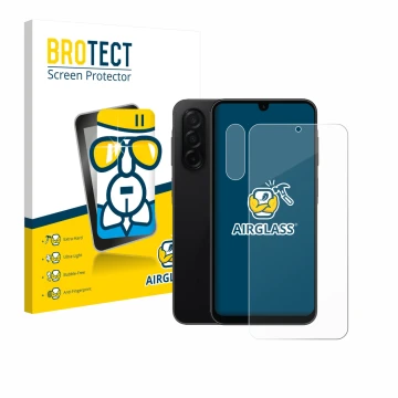 Parte frontal de un envase de producto con el logotipo de la marca BROTECT. Al lado se muestra el dispositivo Samsung Galaxy A