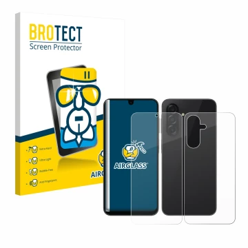 Parte frontal de un envase de producto con el logotipo de la marca BROTECT. Al lado se muestra el dispositivo Samsung Galaxy A