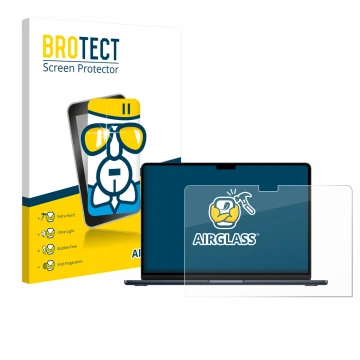 Parte frontal de un envase de producto con el logotipo de la marca BROTECT. Al lado se muestra el dispositivo Apple MacBook Ai