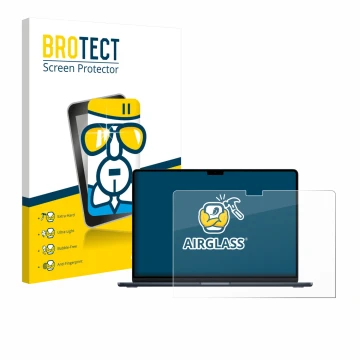 Parte frontal de un envase de producto con el logotipo de la marca BROTECT. Al lado se muestra el dispositivo Apple MacBook Ai