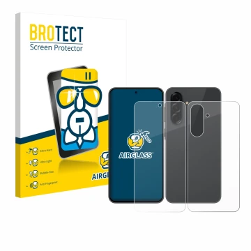Parte frontal de un envase de producto con el logotipo de la marca BROTECT. Al lado se muestra el dispositivo Samsung Galaxy A