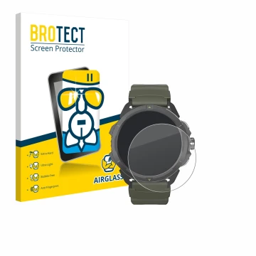 Parte frontal de un envase de producto con el logotipo de la marca BROTECT. Al lado se muestra el dispositivo Hammer Watch 2 M