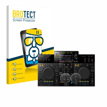Parte frontal de un envase de producto con el logotipo de la marca BROTECT. Al lado se muestra el dispositivo Pioneer XDJ -RR 