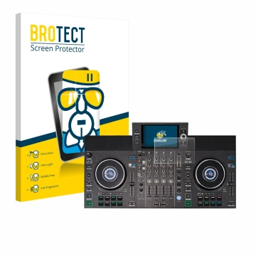 Parte frontal de un envase de producto con el logotipo de la marca BROTECT. Al lado se muestra el dispositivo Denon DJ SC LIVE