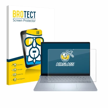 Parte frontal de un envase de producto con el logotipo de la marca BROTECT. Al lado se muestra el dispositivo Dell 14 Plus 2-i