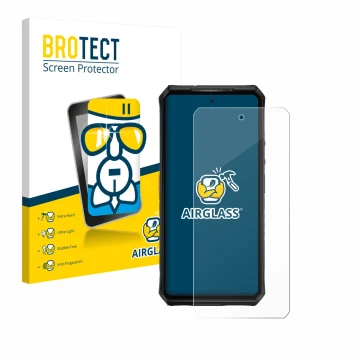 Parte frontal de un envase de producto con el logotipo de la marca BROTECT. Al lado se muestra el dispositivo Ulefone Armor 28