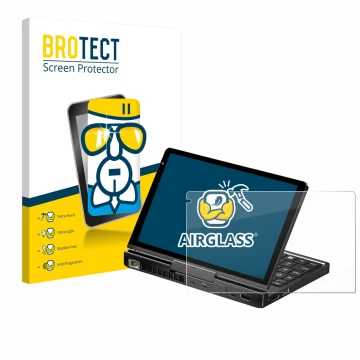 Parte frontal de un envase de producto con el logotipo de la marca BROTECT. Al lado se muestra el dispositivo GPD Pocket 4 con