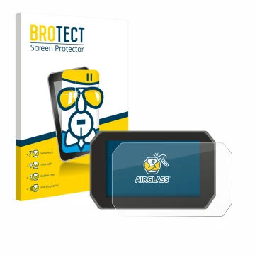 Parte frontal de un envase de producto con el logotipo de la marca BROTECT. Al lado se muestra el dispositivo Yamaha Tracer 9 