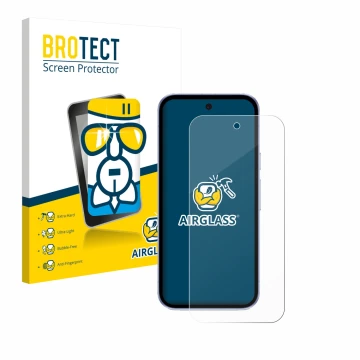 Parte frontal de un envase de producto con el logotipo de la marca BROTECT. Al lado se muestra el dispositivo Google Pixel 9a 