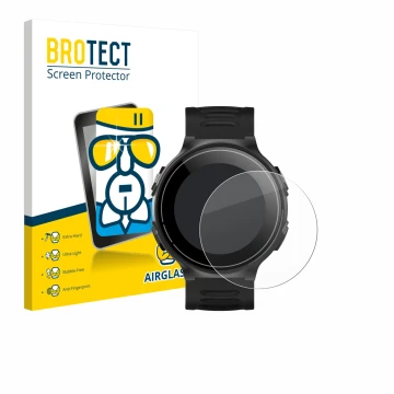 Parte frontal de un envase de producto con el logotipo de la marca BROTECT. Al lado se muestra el dispositivo Kiprun GPS 500 C