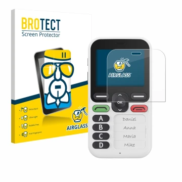 Parte frontal de un envase de producto con el logotipo de la marca BROTECT. Al lado se muestra el dispositivo Doro Leva X10 co