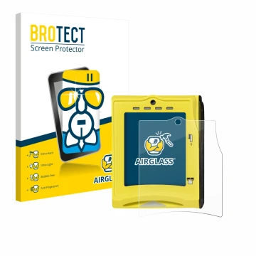 Parte frontal de un envase de producto con el logotipo de la marca BROTECT. Al lado se muestra el dispositivo Nayax VPOS TOUCH
