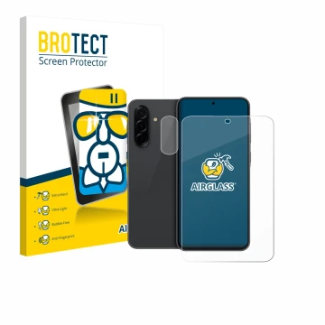 Parte frontal de un envase de producto con el logotipo de la marca BROTECT. Al lado se muestra el dispositivo Samsung Galaxy A