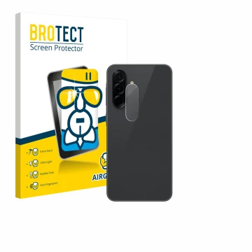 Parte frontal de un envase de producto con el logotipo de la marca BROTECT. Al lado se muestra el dispositivo Samsung Galaxy A