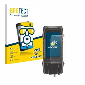 Parte frontal de un envase de producto con el logotipo de la marca BROTECT. Al lado se muestra el dispositivo Testo 300 con su