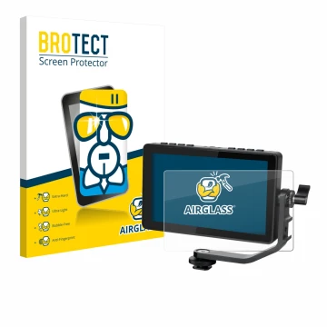 Parte frontal de un envase de producto con el logotipo de la marca BROTECT. Al lado se muestra el dispositivo Feelworld F5 PRO