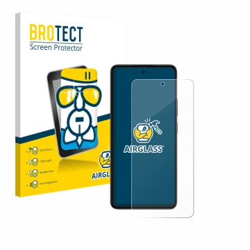 Parte frontal de un envase de producto con el logotipo de la marca BROTECT. Al lado se muestra el dispositivo realme 14 con su