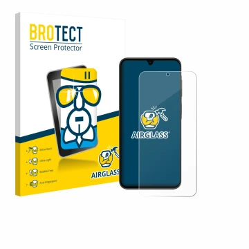 Parte frontal de un envase de producto con el logotipo de la marca BROTECT. Al lado se muestra el dispositivo Samsung Galaxy A