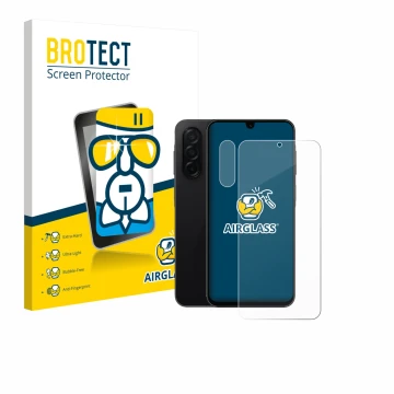 Parte frontal de un envase de producto con el logotipo de la marca BROTECT. Al lado se muestra el dispositivo Samsung Galaxy A