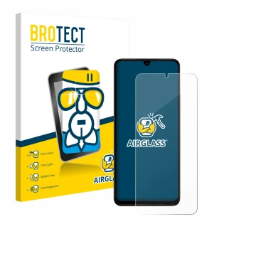 Parte frontal de un envase de producto con el logotipo de la marca BROTECT. Al lado se muestra el dispositivo Xiaomi Poco C71 