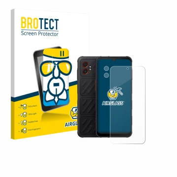 Parte frontal de un envase de producto con el logotipo de la marca BROTECT. Al lado se muestra el dispositivo Samsung Galaxy X