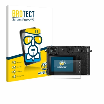 Parte frontal de un envase de producto con el logotipo de la marca BROTECT. Al lado se muestra el dispositivo Fujifilm GFX 100