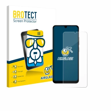 Parte frontal de un envase de producto con el logotipo de la marca BROTECT. Al lado se muestra el dispositivo Xiaomi Redmi A5 