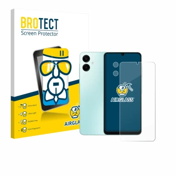 Parte frontal de un envase de producto con el logotipo de la marca BROTECT. Al lado se muestra el dispositivo Samsung Galaxy A