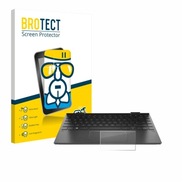 Parte frontal de un envase de producto con el logotipo de la marca BROTECT. Al lado se muestra el dispositivo HP Envy x360 (13