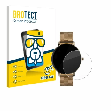 Parte frontal de un envase de producto con el logotipo de la marca BROTECT. Al lado se muestra el dispositivo ZenWatch Venice 