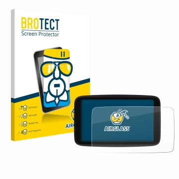 Parte frontal de un envase de producto con el logotipo de la marca BROTECT. Al lado se muestra el dispositivo TomTom Go Naviga