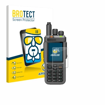 Parte frontal de un envase de producto con el logotipo de la marca BROTECT. Al lado se muestra el dispositivo Radtel RT-880 co
