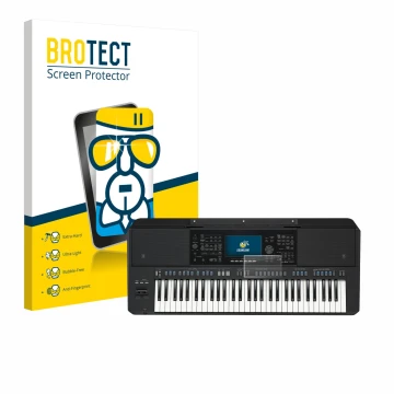 Parte frontal de un envase de producto con el logotipo de la marca BROTECT. Al lado se muestra el dispositivo Yamaha PSR-SX720