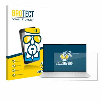 Parte frontal de un envase de producto con el logotipo de la marca BROTECT. Al lado se muestra el dispositivo Dell XPS 13 9350