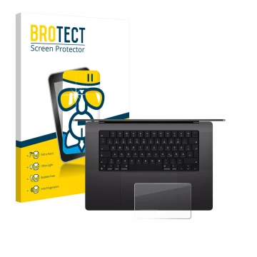 Parte frontal de un envase de producto con el logotipo de la marca BROTECT. Al lado se muestra el dispositivo Apple MacBook Pr