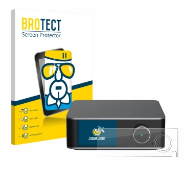 Parte frontal de un envase de producto con el logotipo de la marca BROTECT. Al lado se muestra el dispositivo WiiM Ultra con s