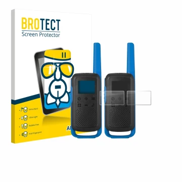 Parte frontal de un envase de producto con el logotipo de la marca BROTECT. Al lado se muestra el dispositivo Motorola TALKABO