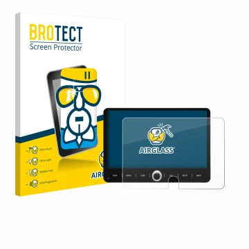 Parte frontal de un envase de producto con el logotipo de la marca BROTECT. Al lado se muestra el dispositivo Dynavin D9-JP Pl