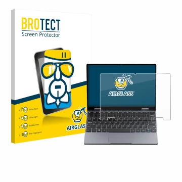 Parte frontal de un envase de producto con el logotipo de la marca BROTECT. Al lado se muestra el dispositivo Chuwi MiniBook X
