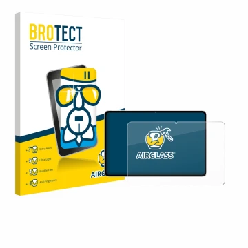 Parte frontal de un envase de producto con el logotipo de la marca BROTECT. Al lado se muestra el dispositivo Nubia Pad Pro co