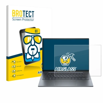 Parte frontal de un envase de producto con el logotipo de la marca BROTECT. Al lado se muestra el dispositivo HP Dragonfly 13.