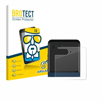Parte frontal de un envase de producto con el logotipo de la marca BROTECT. Al lado se muestra el dispositivo Motorola Razr 60